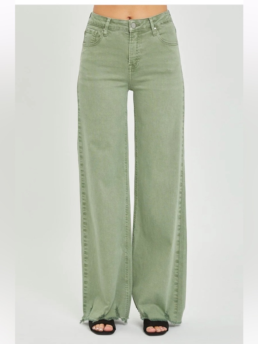 Risen Jeans High Rise Fray Wide Leg Olive Jeans NWT